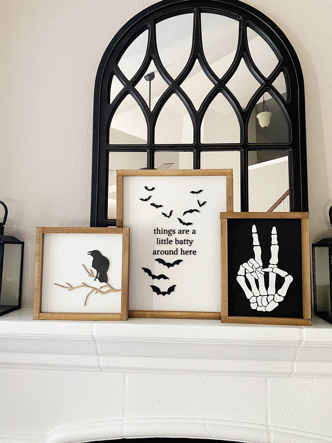 Minimal Halloween Wood Signs, batty wood sign, skeleton peace hand sign, black and white halloween signs