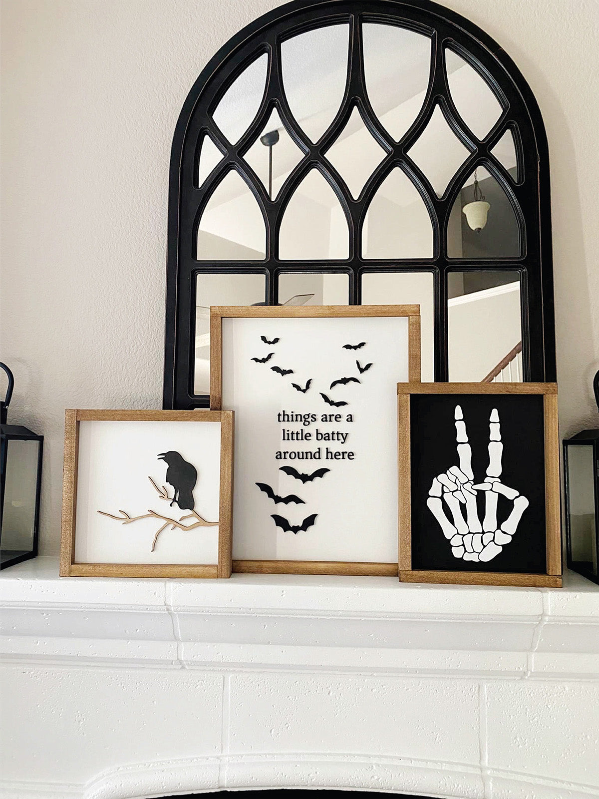 Minimal Halloween Wood Signs, batty wood sign, skeleton peace hand sign, black and white halloween signs