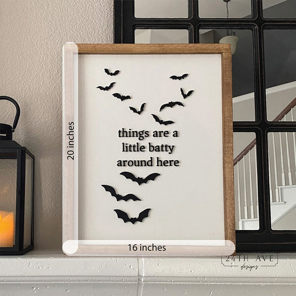 minimal halloween decor, black and white halloween decor, spooky season sign, things are batty, bat sign, wood sign,