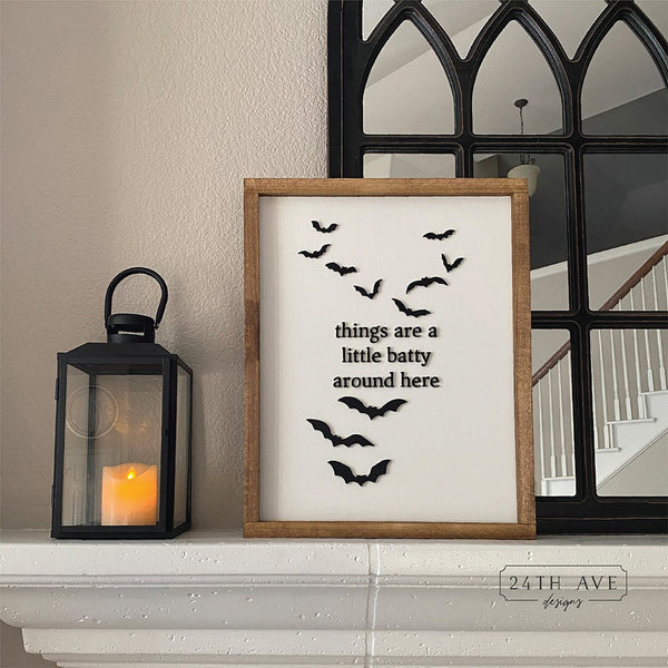 minimal halloween decor, black and white halloween decor, spooky season sign, things are batty, bat sign, wood sign,