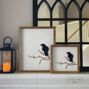 Minimal Halloween decor, crow on branch sign, spooky decor, halloween wood sign