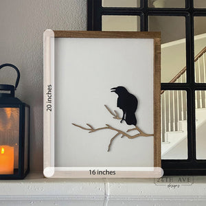 Minimal Halloween decor, crow on branch sign, spooky decor, halloween wood sign