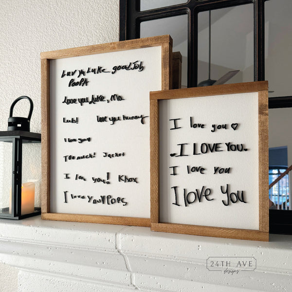 24th Ave designs, personalized gifts, laser cut I love you, laser cut handwriting, kids "I love you”, I love you laser cut sign, farmhouse I love you sign, farmhouse framed I love you sign, 3d I love you sign