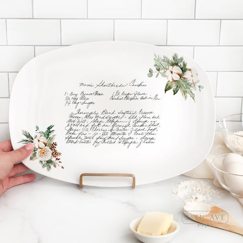 handwritten recipe on platter with Christmas florals, recipe on plate, handwriting transferred to plate, recipe keepsake, white platter with recipe and Christmas wreath