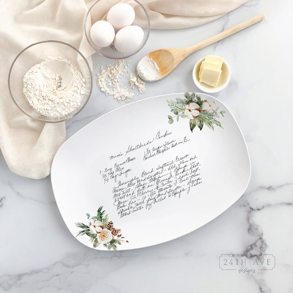handwritten recipe on platter with Christmas florals, recipe on plate, handwriting transferred to plate, recipe keepsake, white platter with recipe and Christmas wreath
