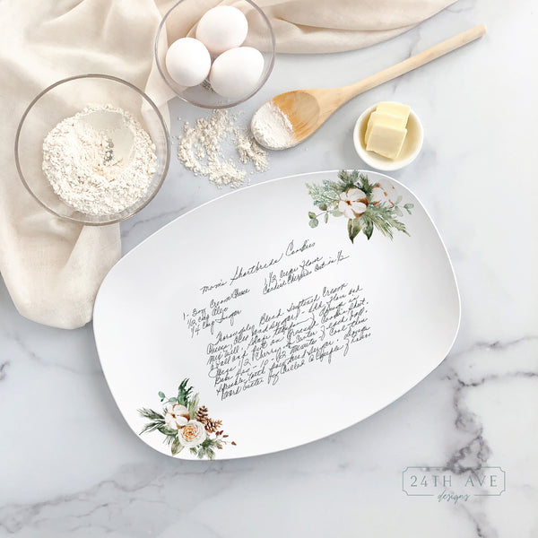 handwritten recipe on platter with Christmas florals, recipe on plate, handwriting transferred to plate, recipe keepsake, white platter with recipe and Christmas wreath