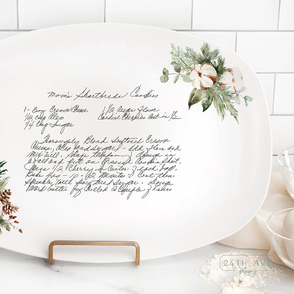 handwritten recipe on platter with Christmas florals, recipe on plate, handwriting transferred to plate, recipe keepsake, white platter with recipe and Christmas wreath