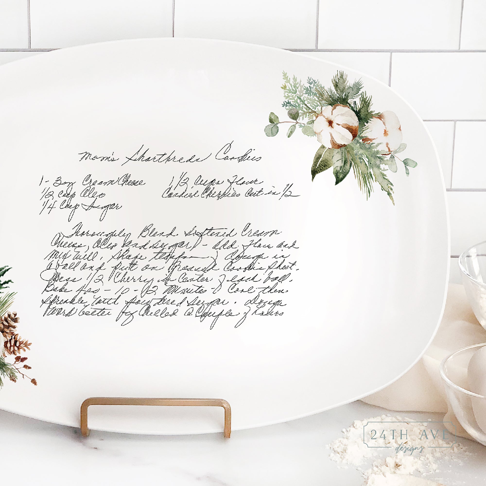 handwritten recipe on platter with Christmas florals, recipe on plate, handwriting transferred to plate, recipe keepsake, white platter with recipe and Christmas wreath