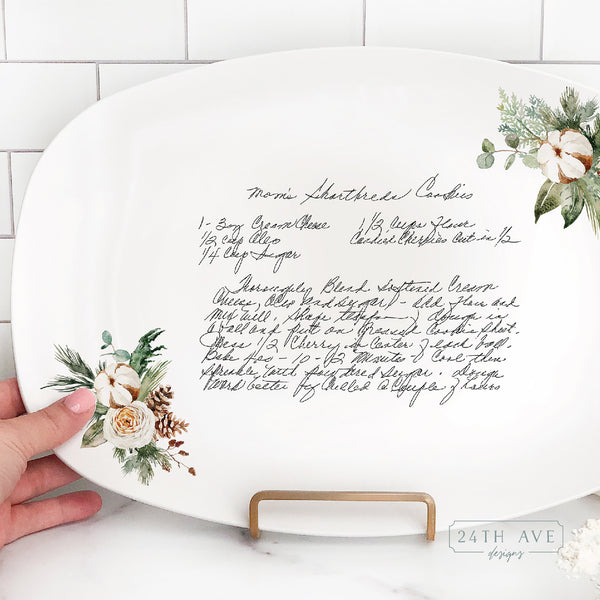 handwritten recipe on platter with Christmas florals, recipe on plate, handwriting transferred to plate, recipe keepsake, white platter with recipe and Christmas wreath