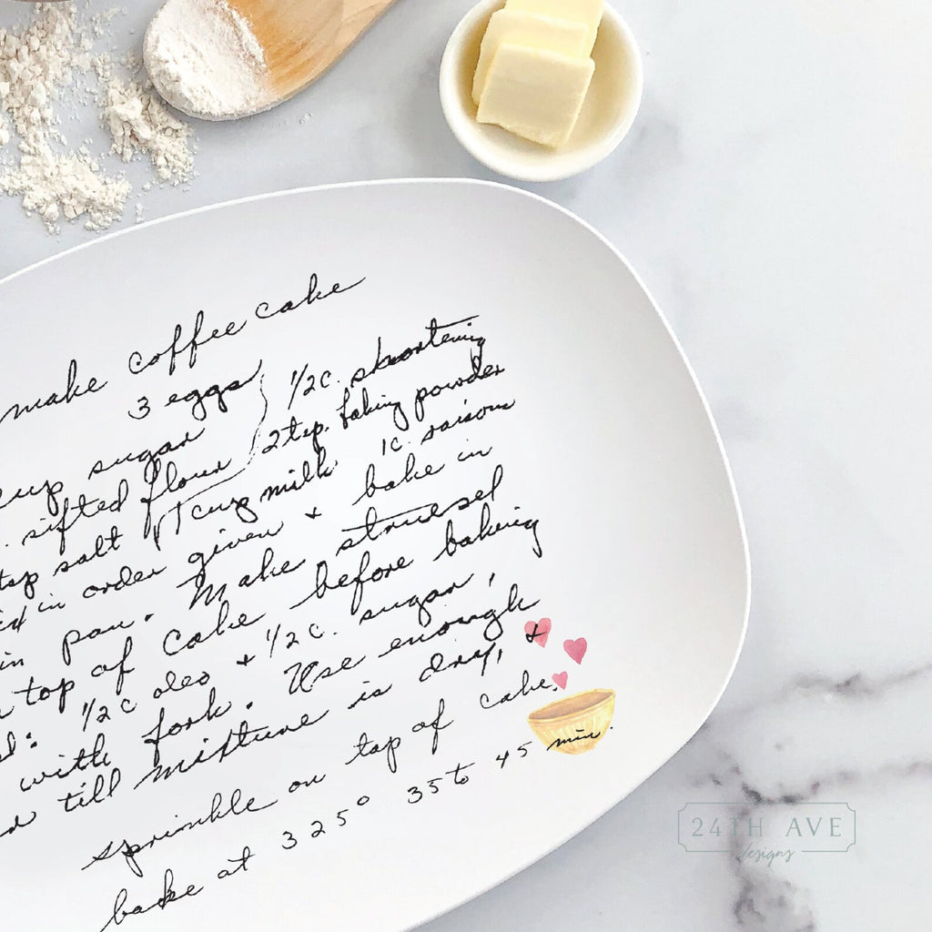 Custom handwritten recipe platter featuring original family handwriting and heart bowl illustration.