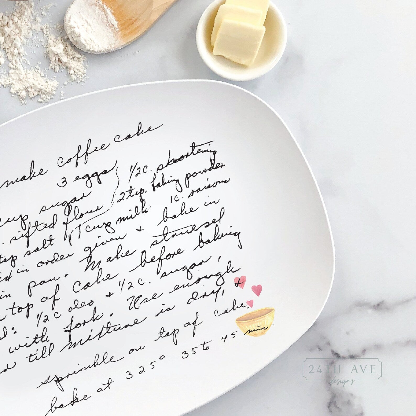 Custom handwritten recipe platter featuring original family handwriting and heart bowl illustration.