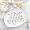 Custom handwritten recipe platter featuring original family handwriting with heart bowl detail, styled with baking ingredients.