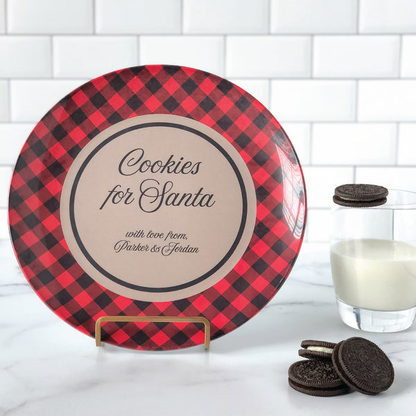 Personalized Cookies For Santa Plate - Buffalo Plaid Personalized with Kids Names - Santa cookie plate, cookies for Santa, personalized Santa cookie plate