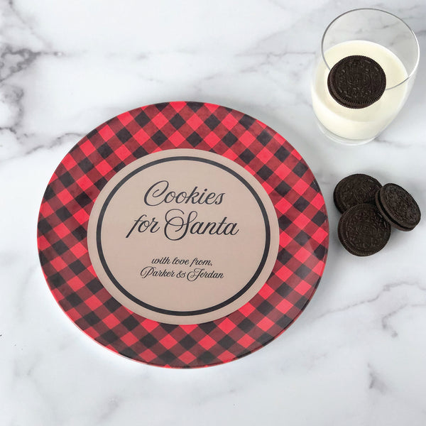 Personalized Cookies For Santa Plate - Buffalo Plaid Personalized with Kids Names - Santa cookie plate, cookies for Santa, personalized Santa cookie plate