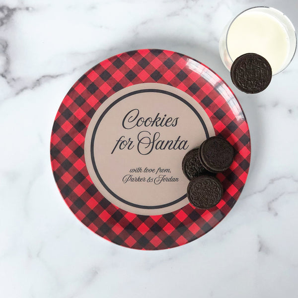 Personalized Cookies For Santa Plate - Buffalo Plaid Personalized with Kids Names - Santa cookie plate, cookies for Santa, personalized Santa cookie plate