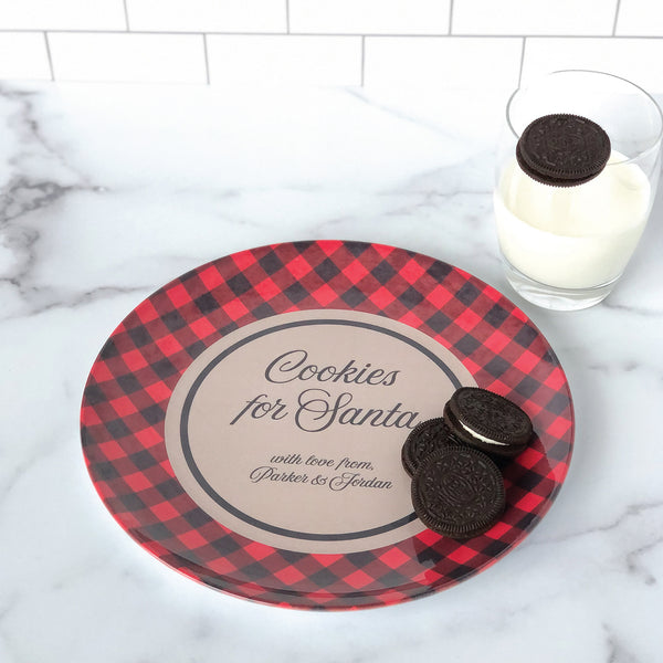 Personalized Cookies For Santa Plate - Buffalo Plaid Personalized with Kids Names - Santa cookie plate, cookies for Santa, personalized Santa cookie plate