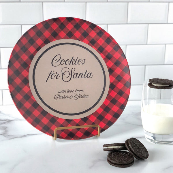 Personalized Cookies For Santa Plate - Buffalo Plaid Personalized with Kids Names - Santa cookie plate, cookies for Santa, personalized Santa cookie plate