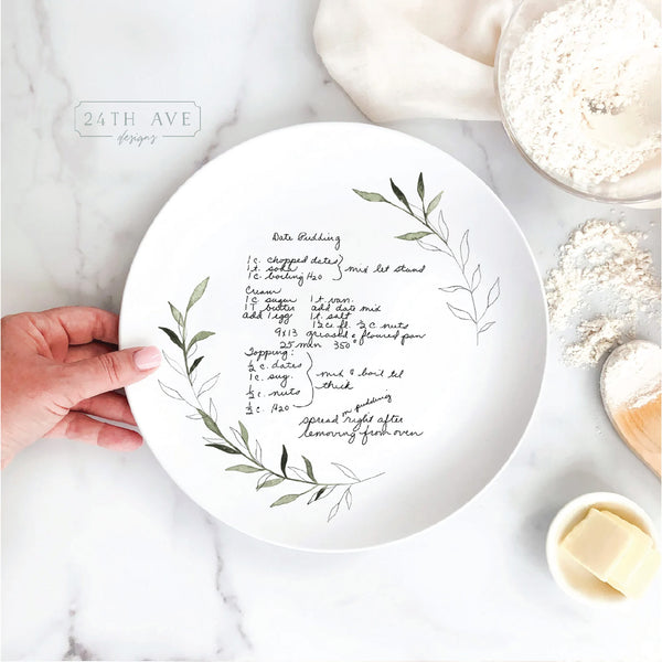 Handwritten Recipe Platter, Handwritten Recipe Plate with leaf border, Family Recipe Plate - 24th Ave Designs