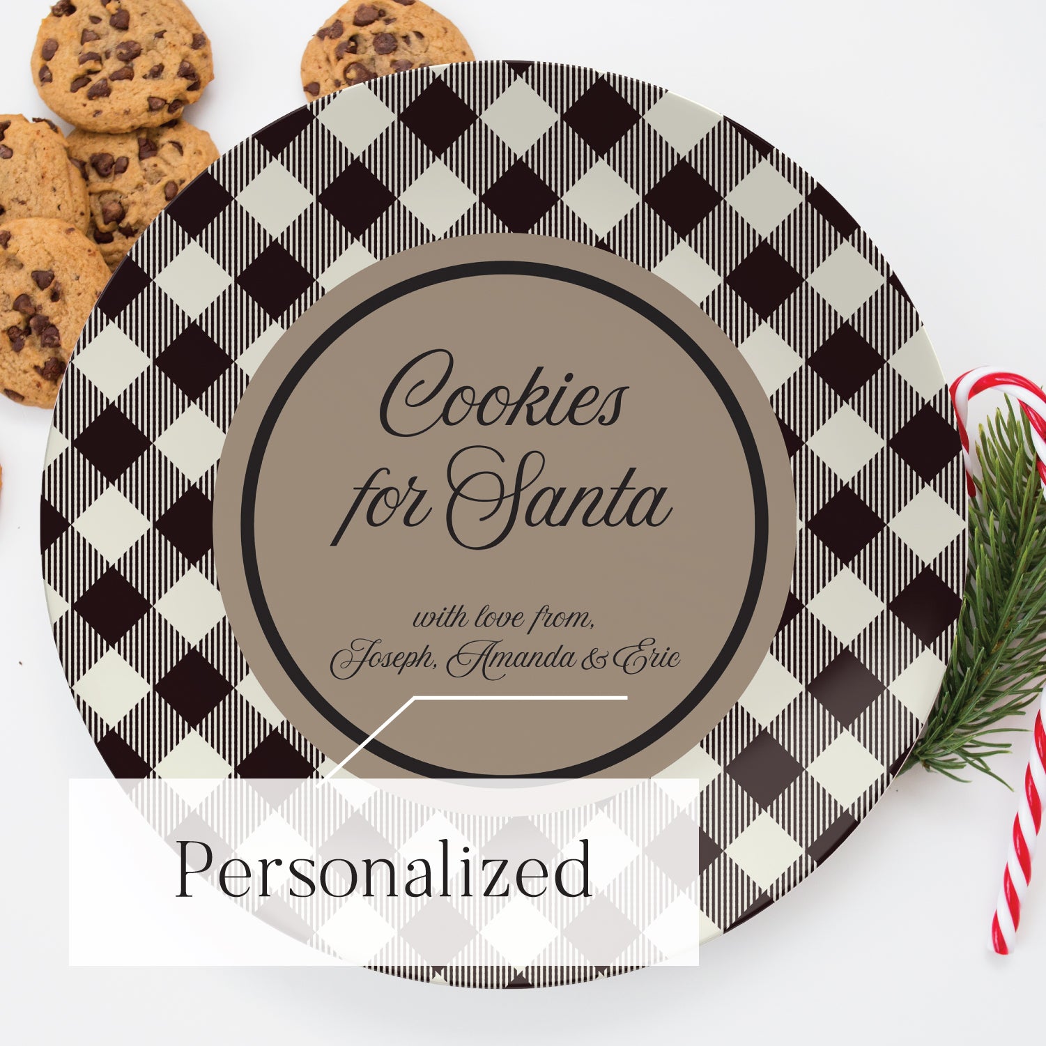 Personalized Cookies For Santa Plate - Black and White Buffalo Plaid Personalized with Kids Names - Santa cookie plate, cookies for Santa personalized plate, buffalo check, black and white plaid plate