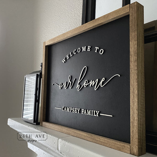 Welcome to our home farmhouse sign personalized, Family name sign, personalized family name sign, 3d wood signs, 24th Ave designs, custom wood sign, farmhouse wood sign, home decor, framed sign, custom name sign, welcome to our home personalized sign