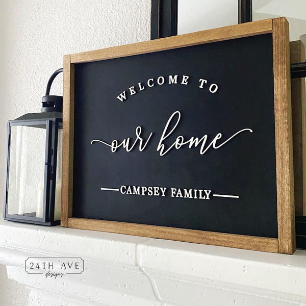 Welcome to our home farmhouse sign personalized, Family name sign, personalized family name sign, 3d wood signs, 24th Ave designs, custom wood sign, farmhouse wood sign, home decor, framed sign, custom name sign, welcome to our home personalized sign
