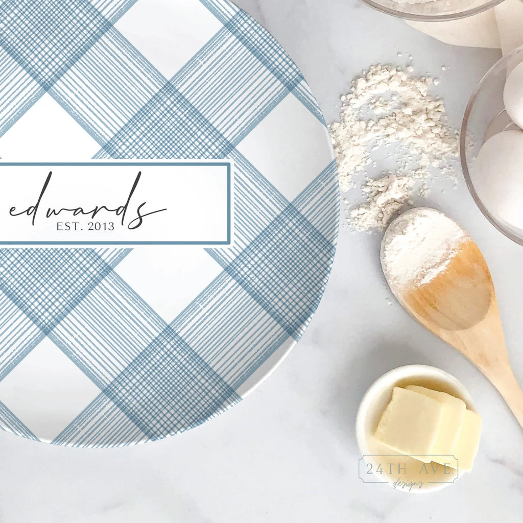 Close up of blue plaid family name plate with personalized established date