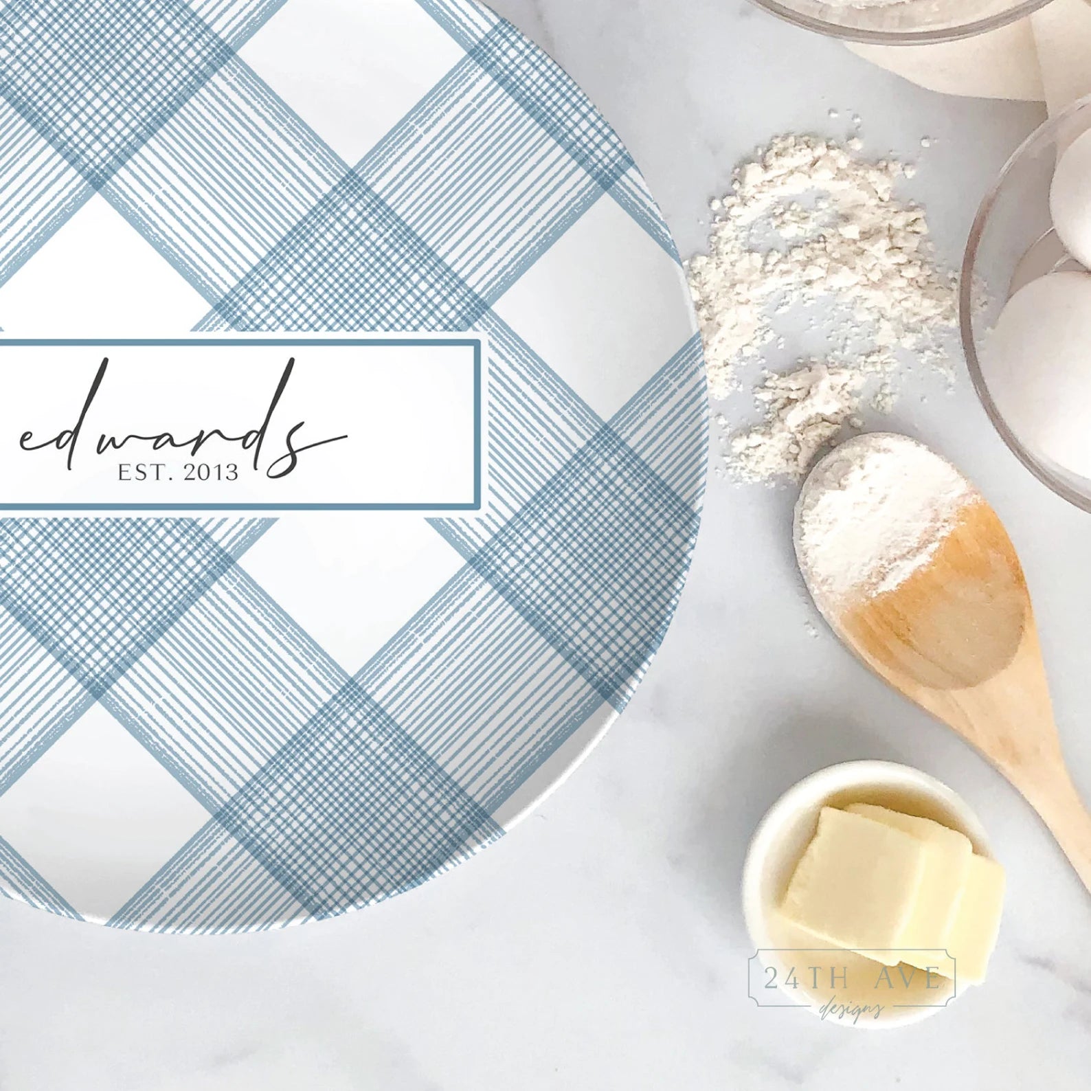 Close up of blue plaid family name plate with personalized established date