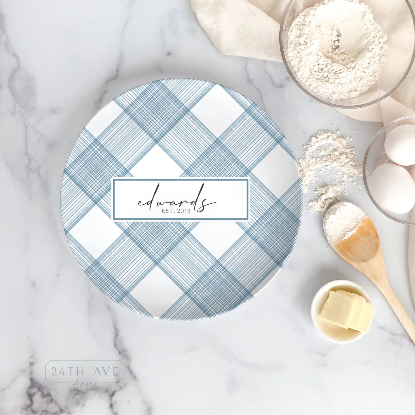 Overhead view of blue plaid family name plate farmhouse kitchen decor