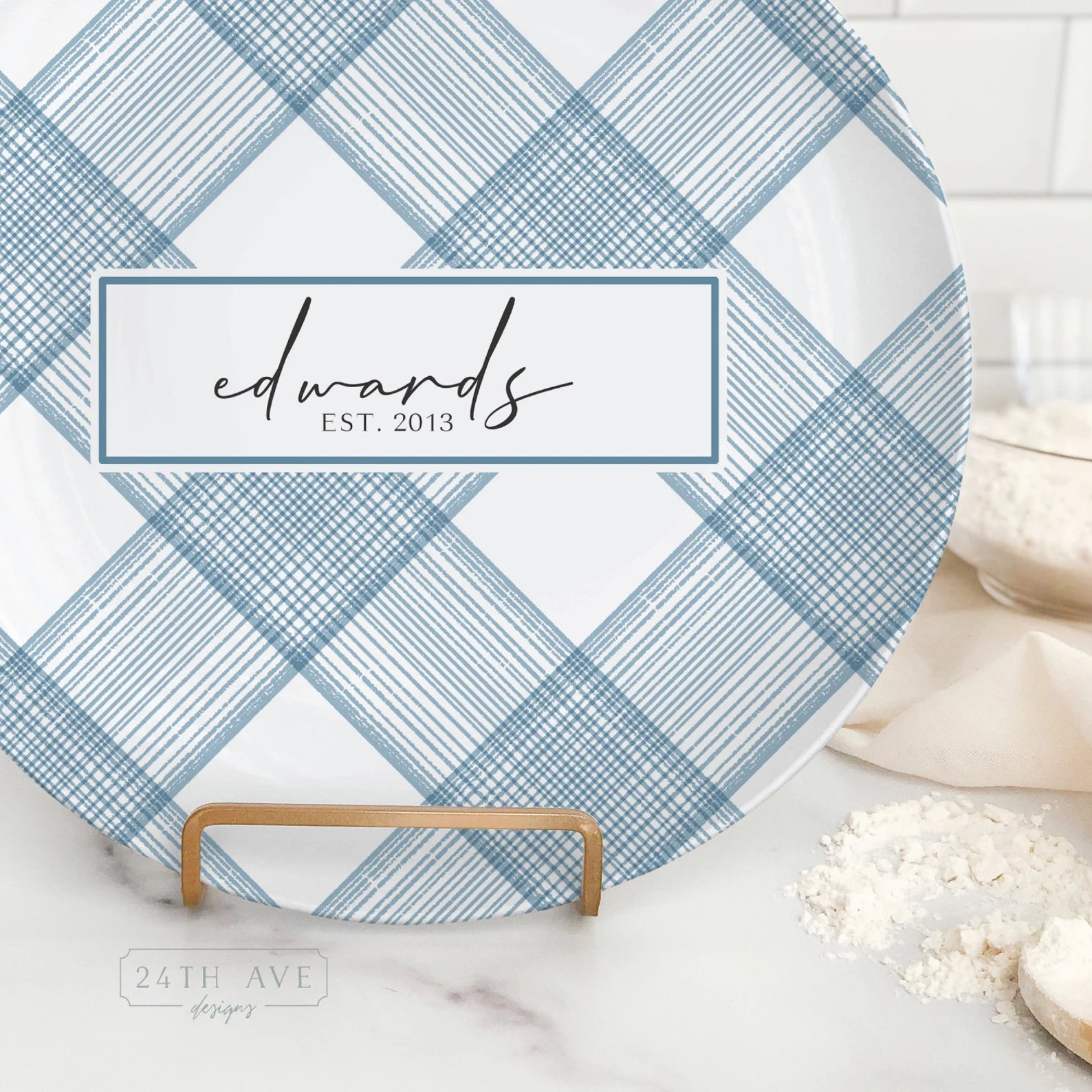 Close up of personalized blue plaid family name plate with established date