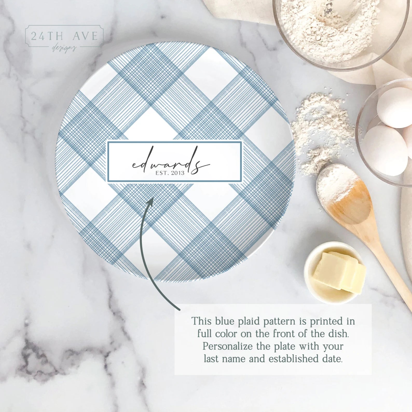 Blue plaid family name plate farmhouse kitchen decor with personalized established date