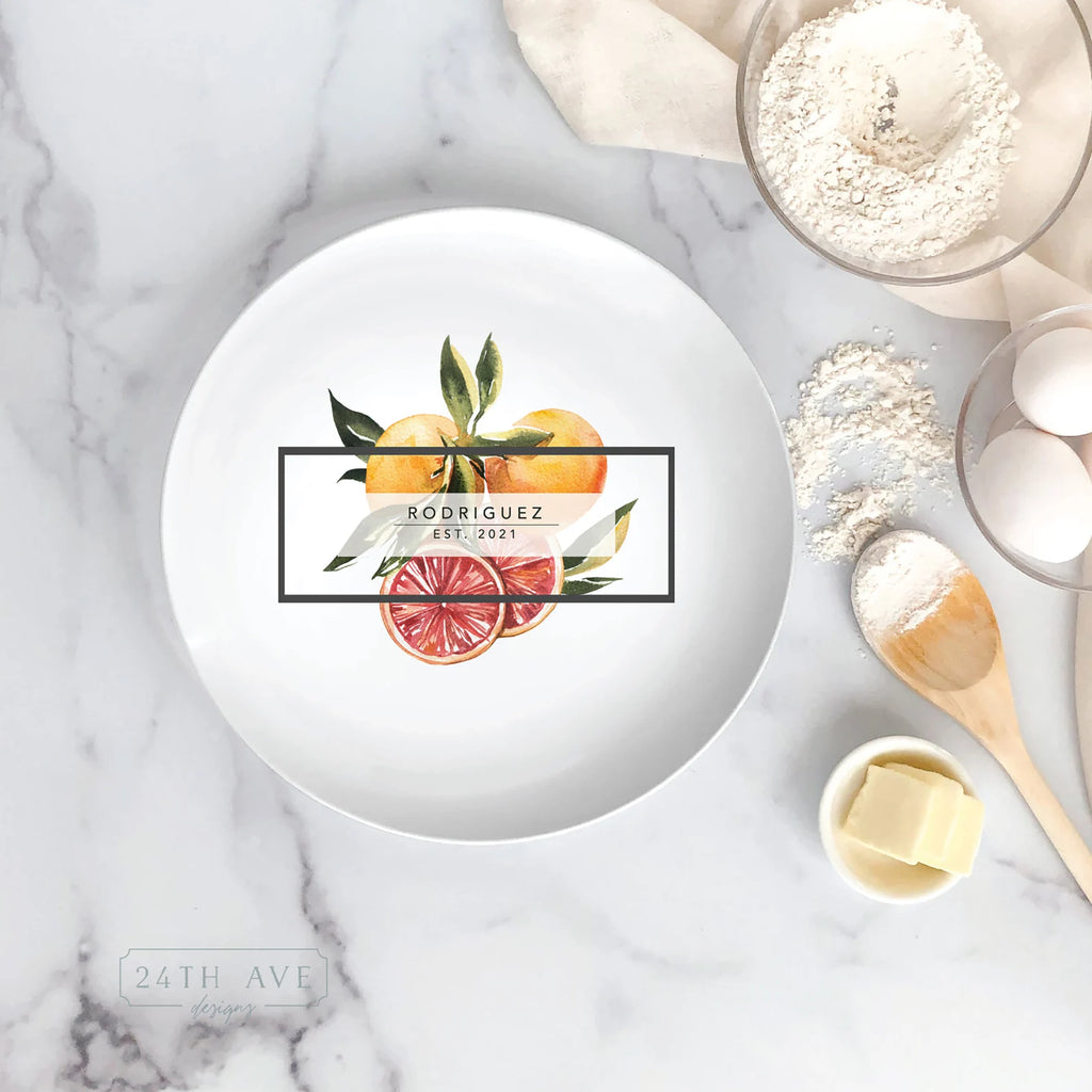 Personalized citrus family name plate with established date shown in farmhouse kitchen flat lay
