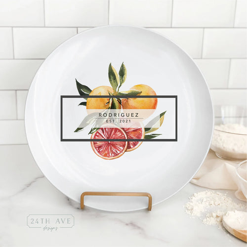Citrus family name plate with personalized last name and established date featuring watercolor grapefruit design