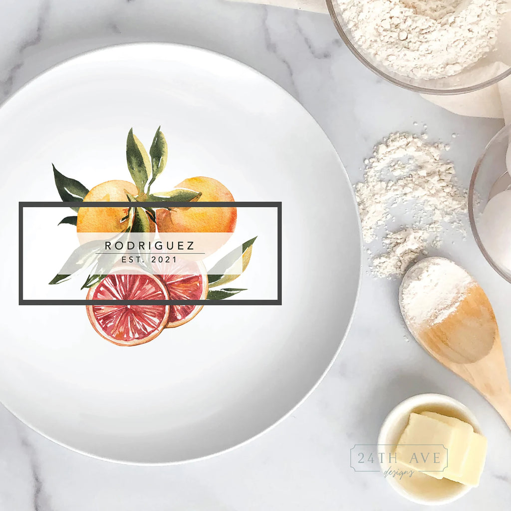 Citrus family name plate with personalized last name and established date styled in modern farmhouse kitchen