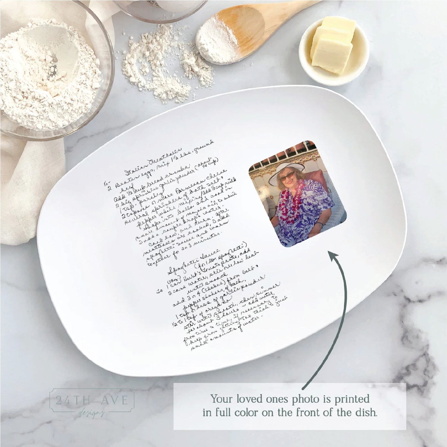 Custom handwritten recipe platter with photo displayed in kitchen setting with baking ingredients