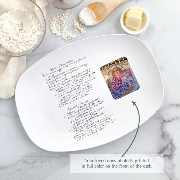 Custom handwritten recipe platter with photo displayed in kitchen setting with baking ingredients