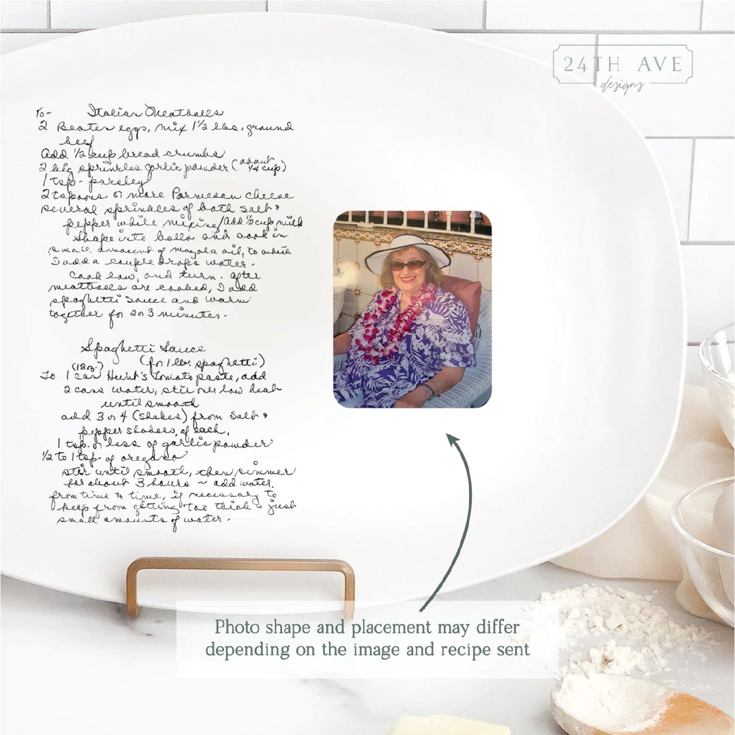 Close-up of handwritten recipe and printed photo on custom serving platter