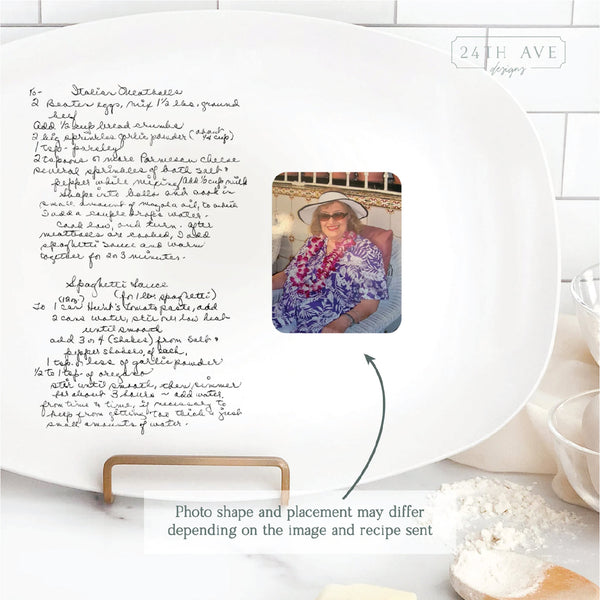 Close-up of handwritten recipe and printed photo on custom serving platter