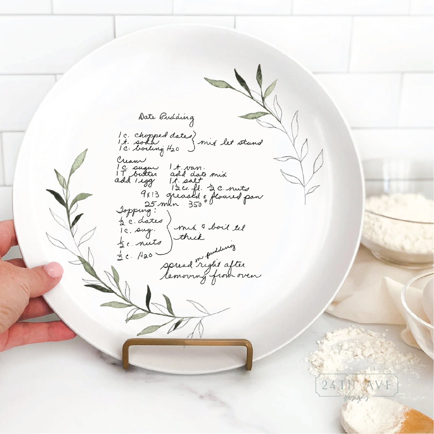 custom handwritten recipe plate with greenery leaf accent design