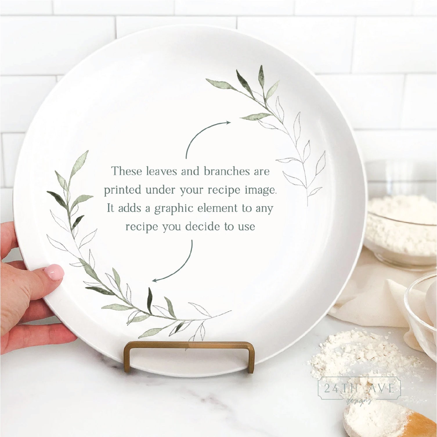 handwritten recipe plate with greenery leaf accent design showing where recipe handwriting will be printed