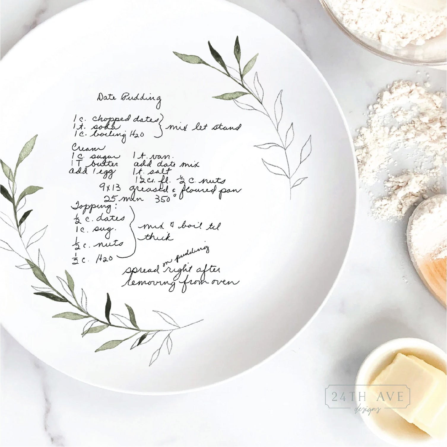 custom handwritten recipe plate with greenery leaf accent design