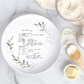 custom handwritten recipe plate with greenery leaf accent and family recipe printed in original handwriting