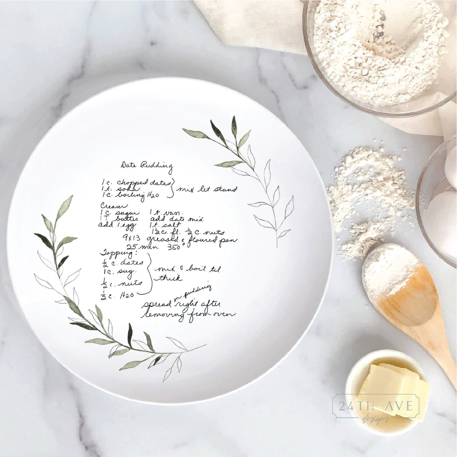 custom handwritten recipe plate with greenery leaf accent and family recipe printed in original handwriting