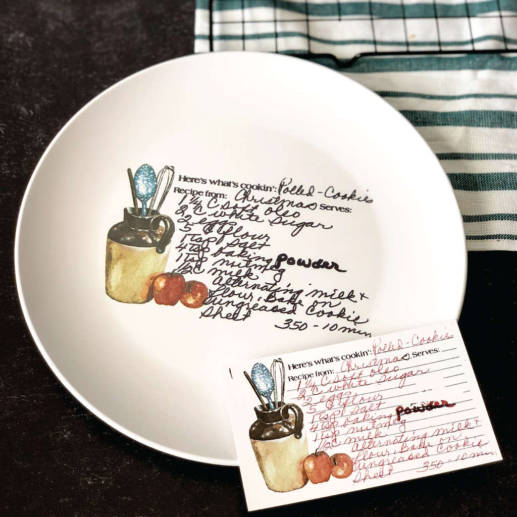 handwritten recipe plate created from vintage recipe card with original artwork and handwritten recipe shown next to plate