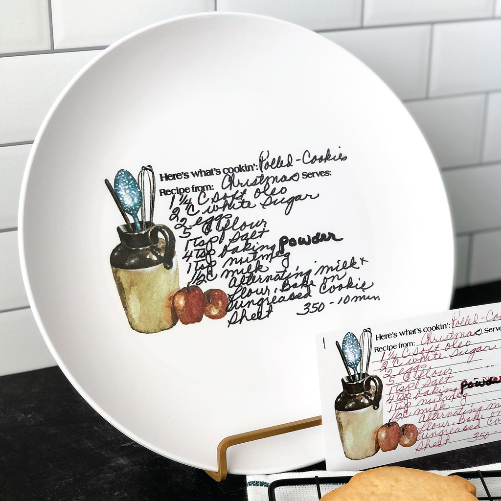 handwritten recipe plate created from vintage recipe card showing preserved artwork and handwriting comparison