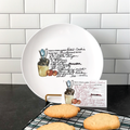 custom handwritten recipe plate next to original vintage recipe card showing preserved artwork and handwriting