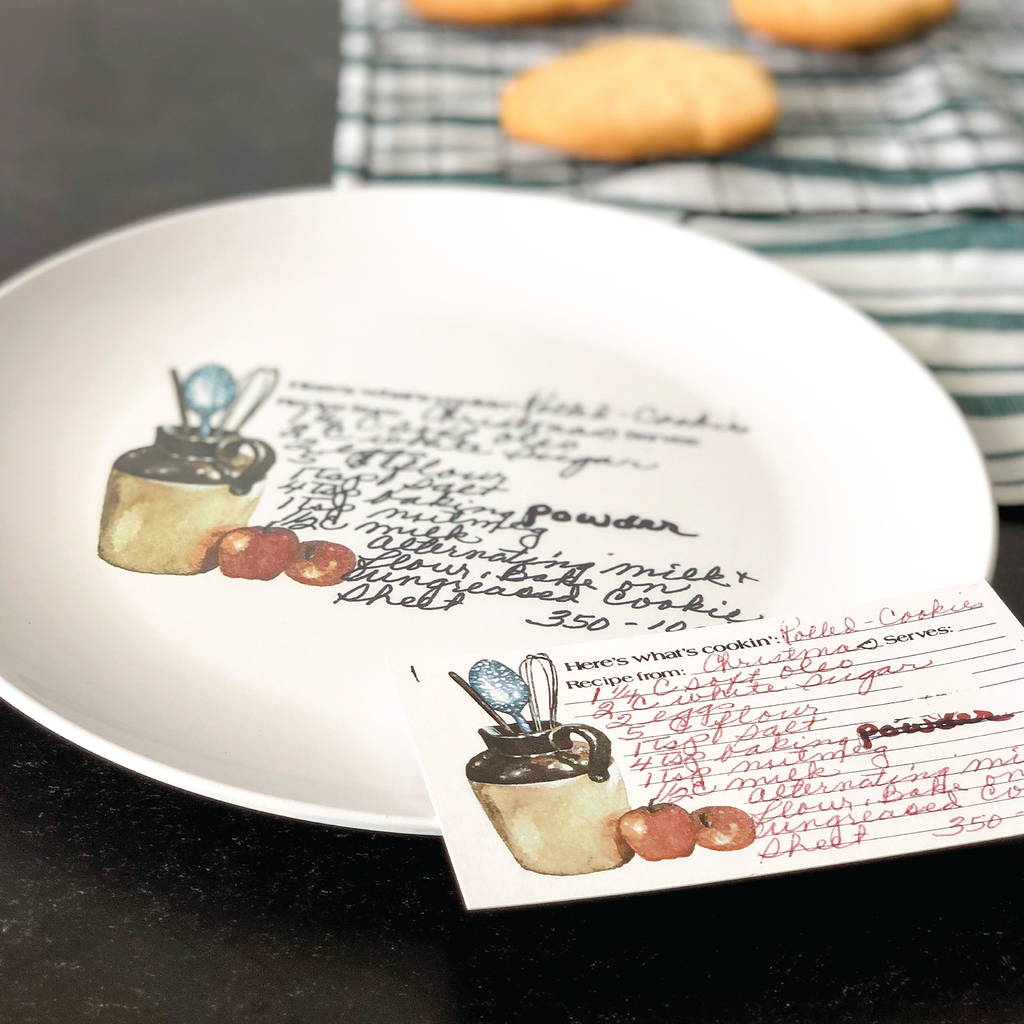 handwritten recipe plate made from vintage recipe card with original artwork shown next to the card