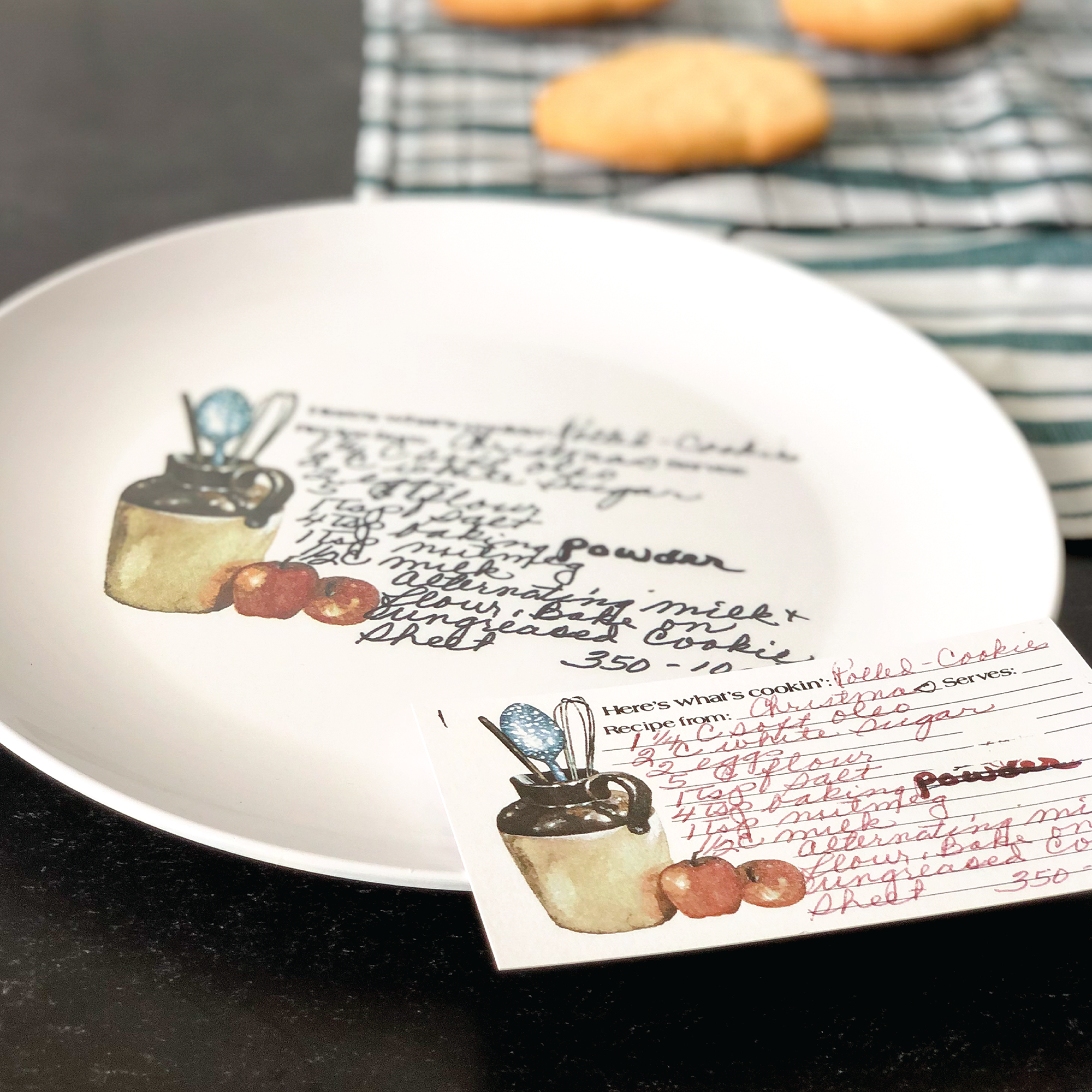 handwritten recipe plate made from vintage recipe card with original artwork shown next to the card