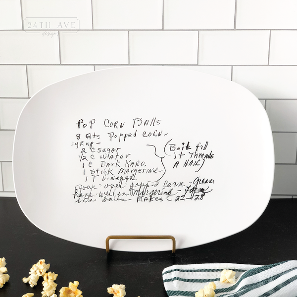 Handwritten recipe platter original design featuring family handwriting printed on white serving platter