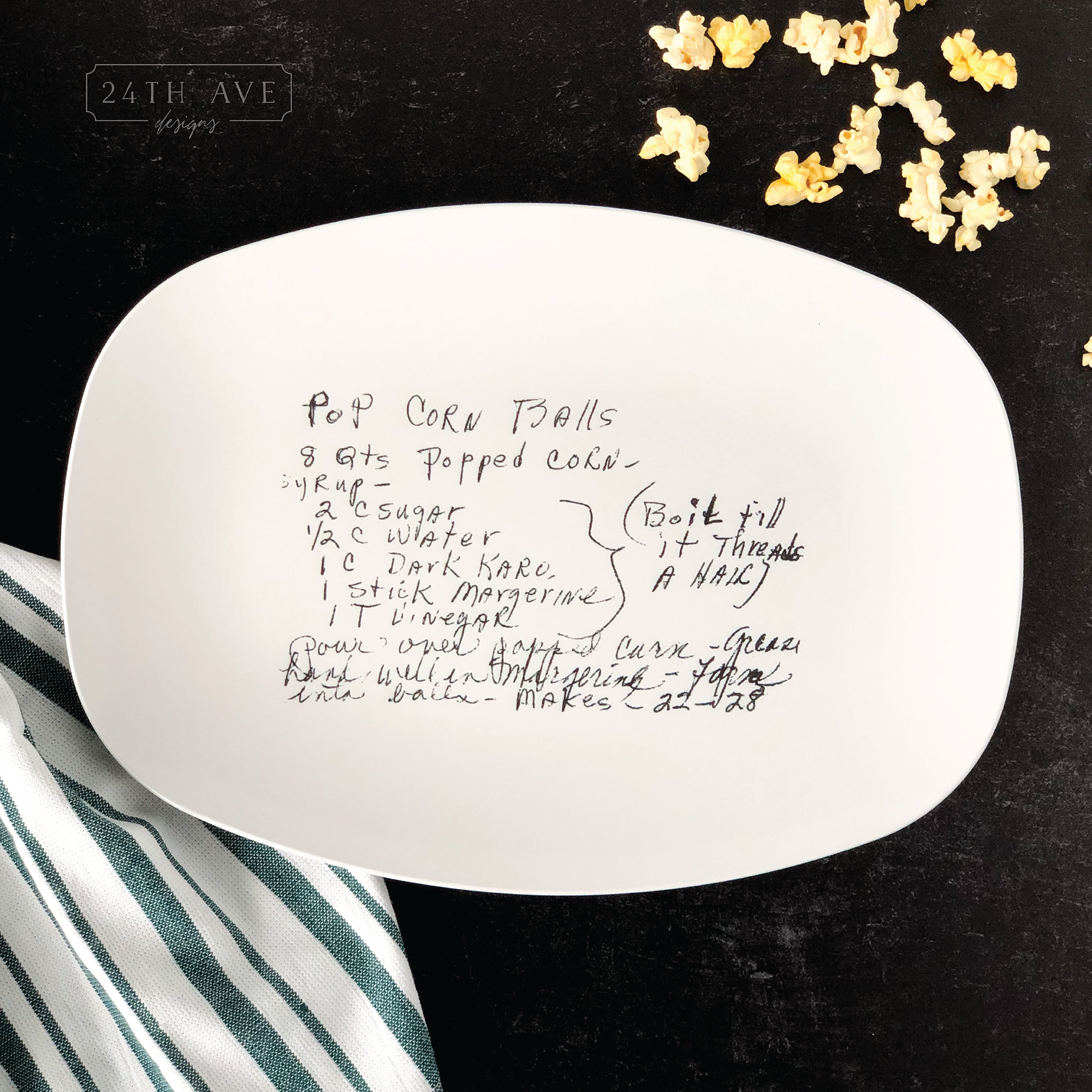 Overhead view of original handwritten recipe platter displayed with popcorn in kitchen setting