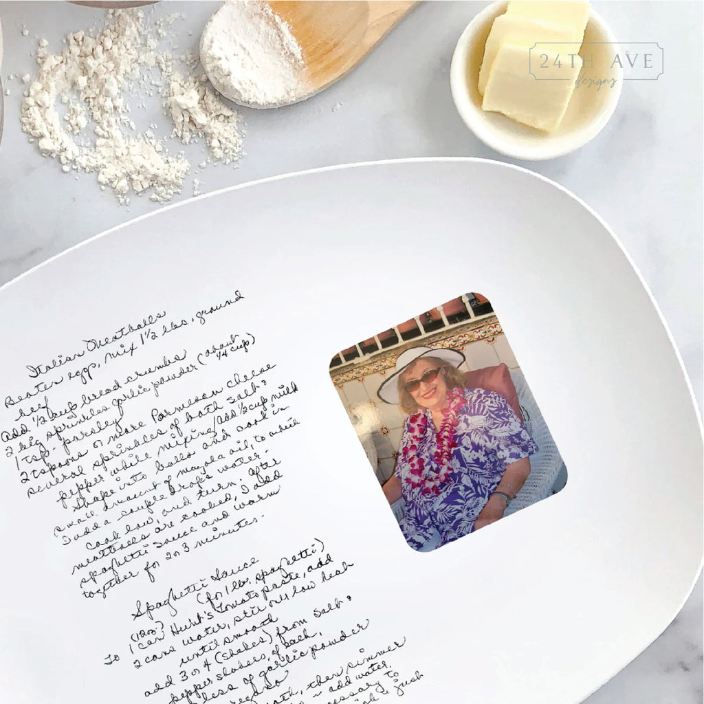 Detail view of handwritten recipe platter showing placement of loved one’s photo on the dish